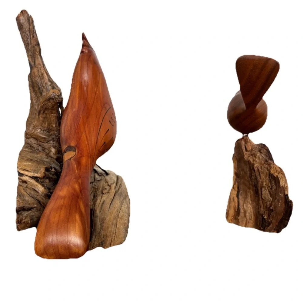 Handcrafted Wooden Bird Figurines On Rustic Wood Artsy Beachy MCM - Picture 3 of 11